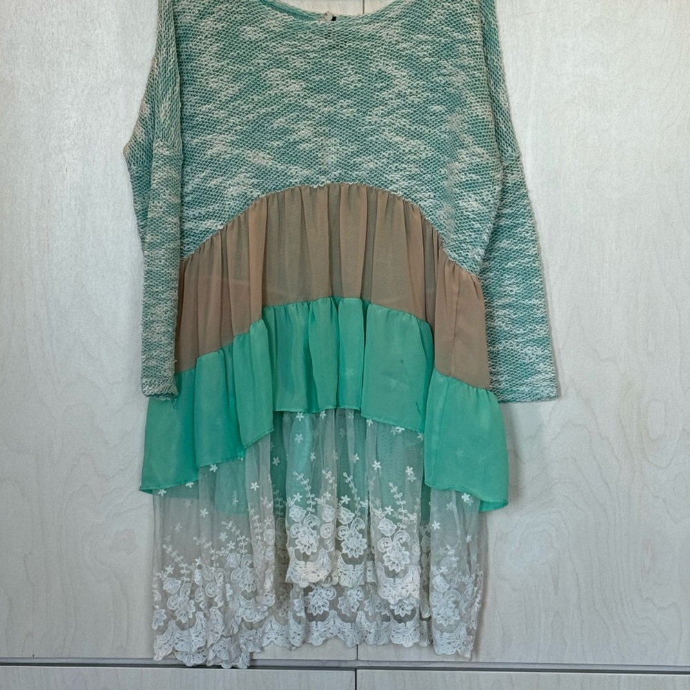 Bellamie Mint Green, Teal & Beige Layered Tunic Top